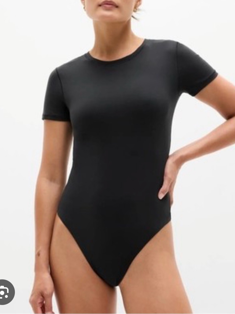 Athleta Bodycon Black BodyMove Short Sleeve Crew Bodysuit Onesie NWOT Large